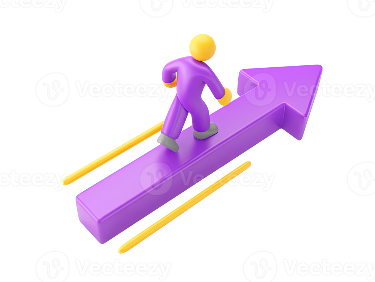 A 3D rendered icon of a figure confidently walking upwards on a large purple arrow symbolizing progress growth career advancement and achieving goals png