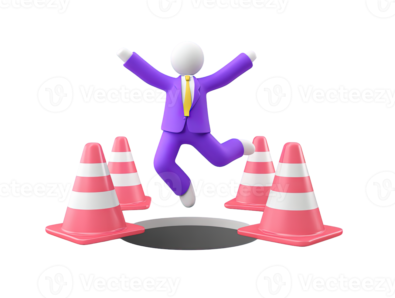 A 3D rendered icon of a figure in a suit jumping over a row of traffic cones representing overcoming business obstacles challenges and navigating through difficulties png