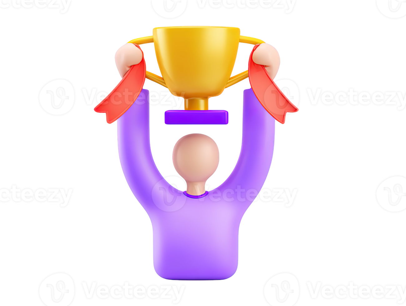 A 3D rendered icon of a triumphant figure enthusiastically holding a golden trophy cup high celebrating victory achievement and success in a major competition png