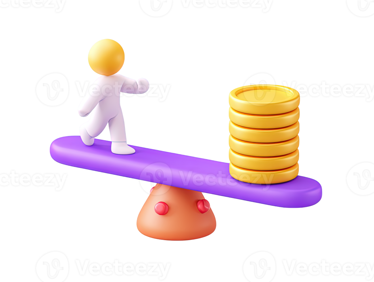 A 3D rendered icon of a figure on one end of a seesaw outweighing a stack of gold coins symbolizing greater value importance or intellectual capital over money png