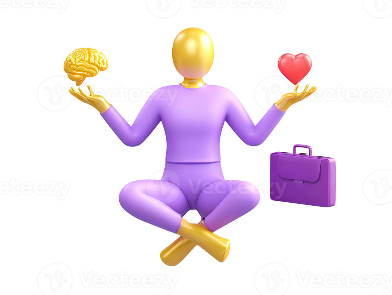 A 3D rendered icon of a figure in a meditative yoga pose with brain heart and briefcase icons symbolizing essential work life balance mental health and mindfulness png