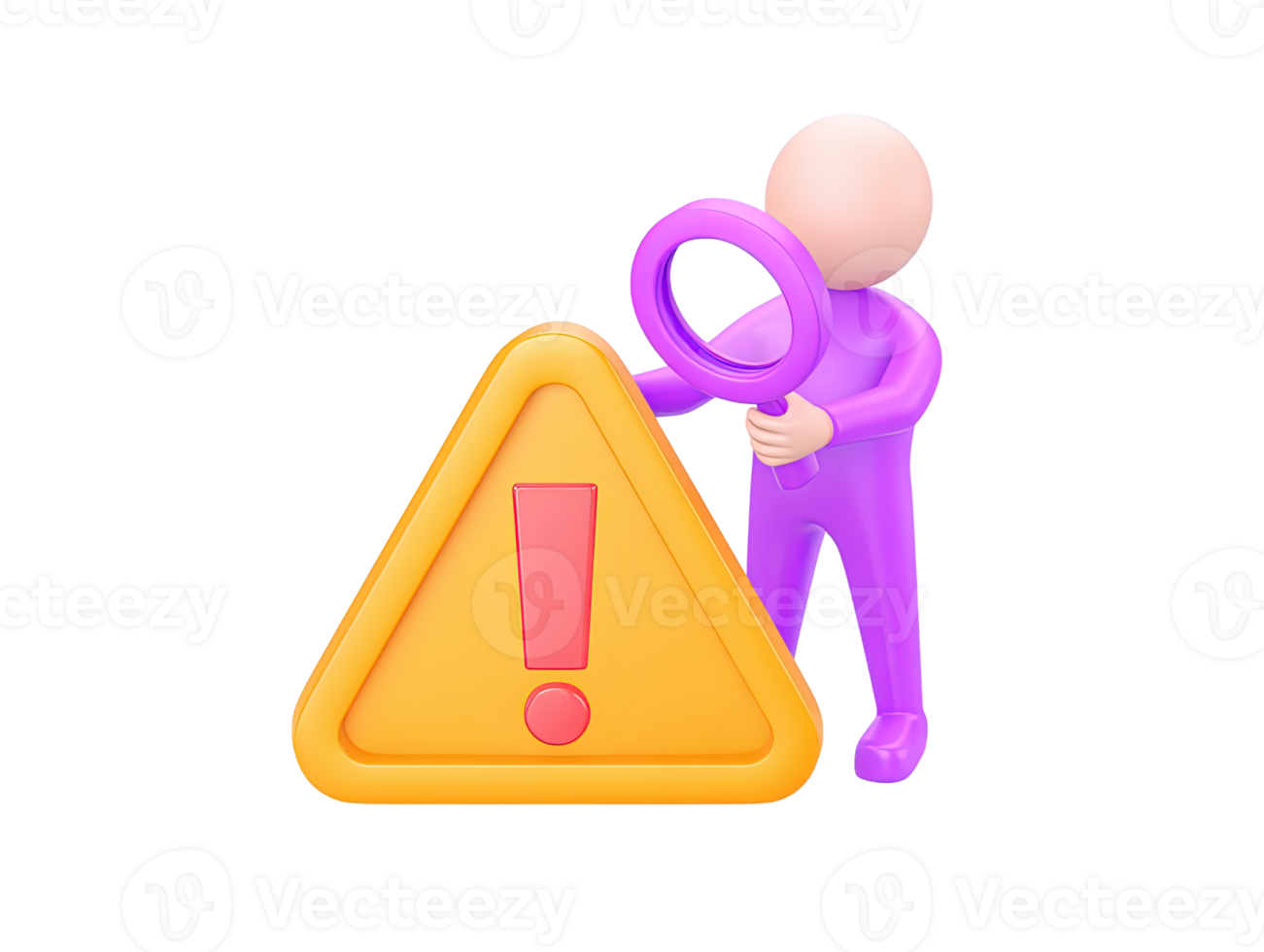 A 3D rendered icon of a figure standing beside a large yellow triangular warning sign with an exclamation mark indicating serious caution risk or an important alert png
