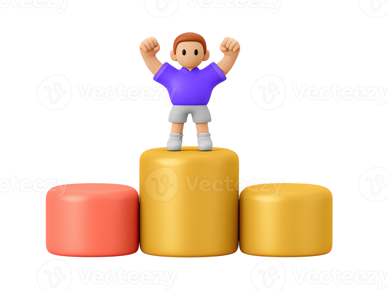 A 3D rendered icon of a cheerful figure standing on a winners podium with both arms raised in a gesture of ultimate victory and profound success png