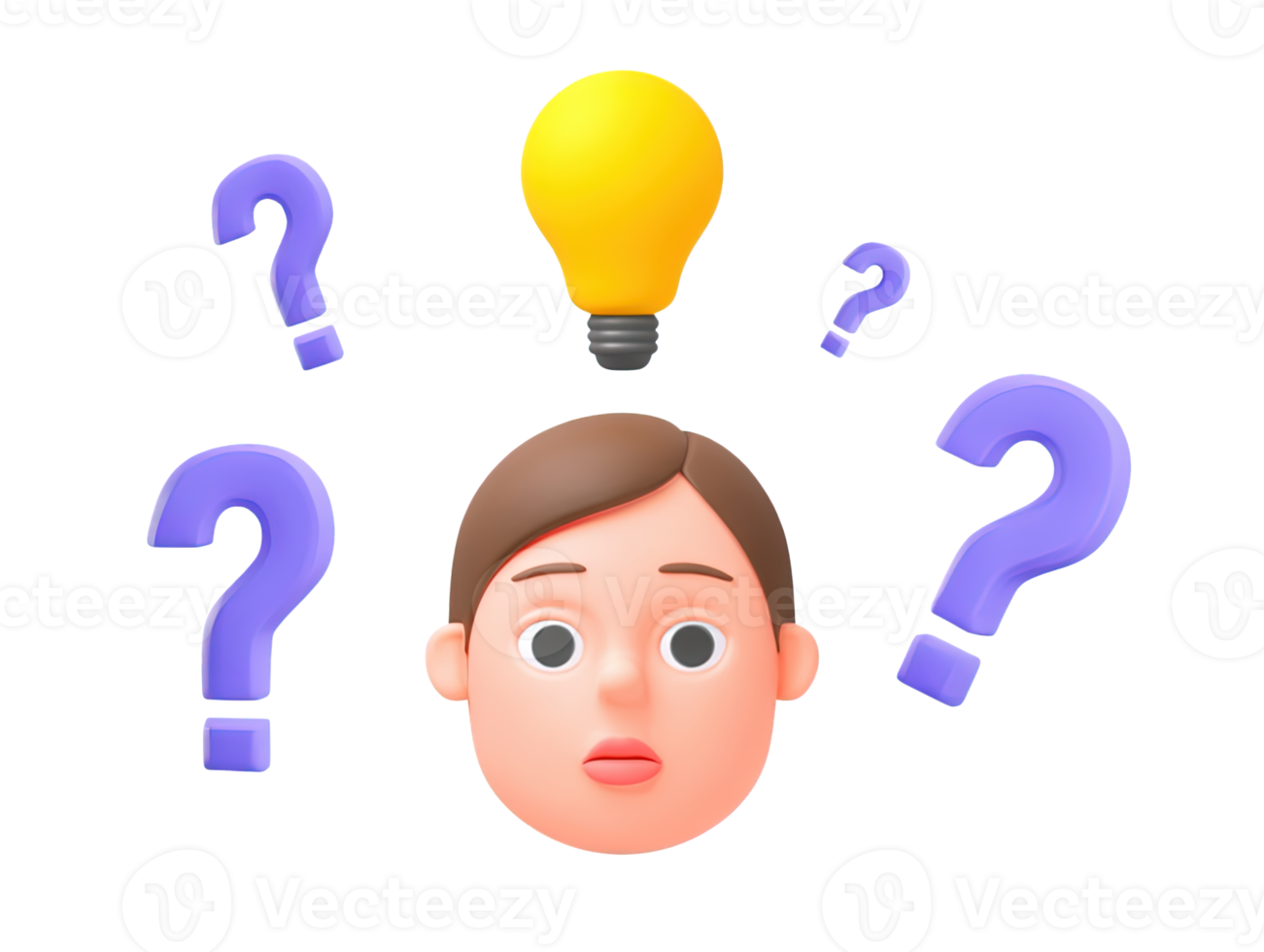 A 3D rendered icon of a thoughtful female head with floating question marks and an illuminated lightbulb representing innovation creative thinking and finding solutions png