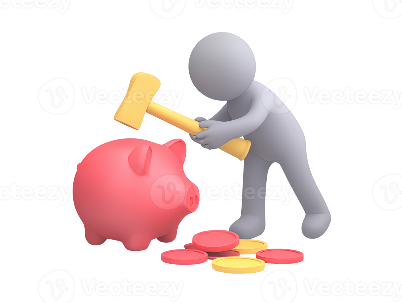A 3D rendered icon of a figure actively smashing a pink piggy bank with a hammer symbolizing spending savings accessing funds or demonstrating financial urgency png