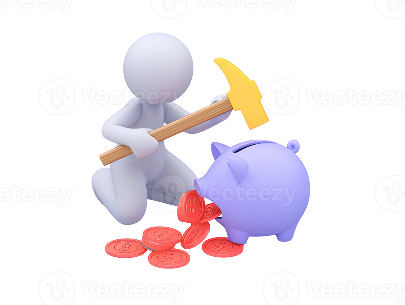 A 3D rendered icon of a figure with a hammer poised to break a purple piggy bank representing accessing savings making financial decisions or using emergency funds png