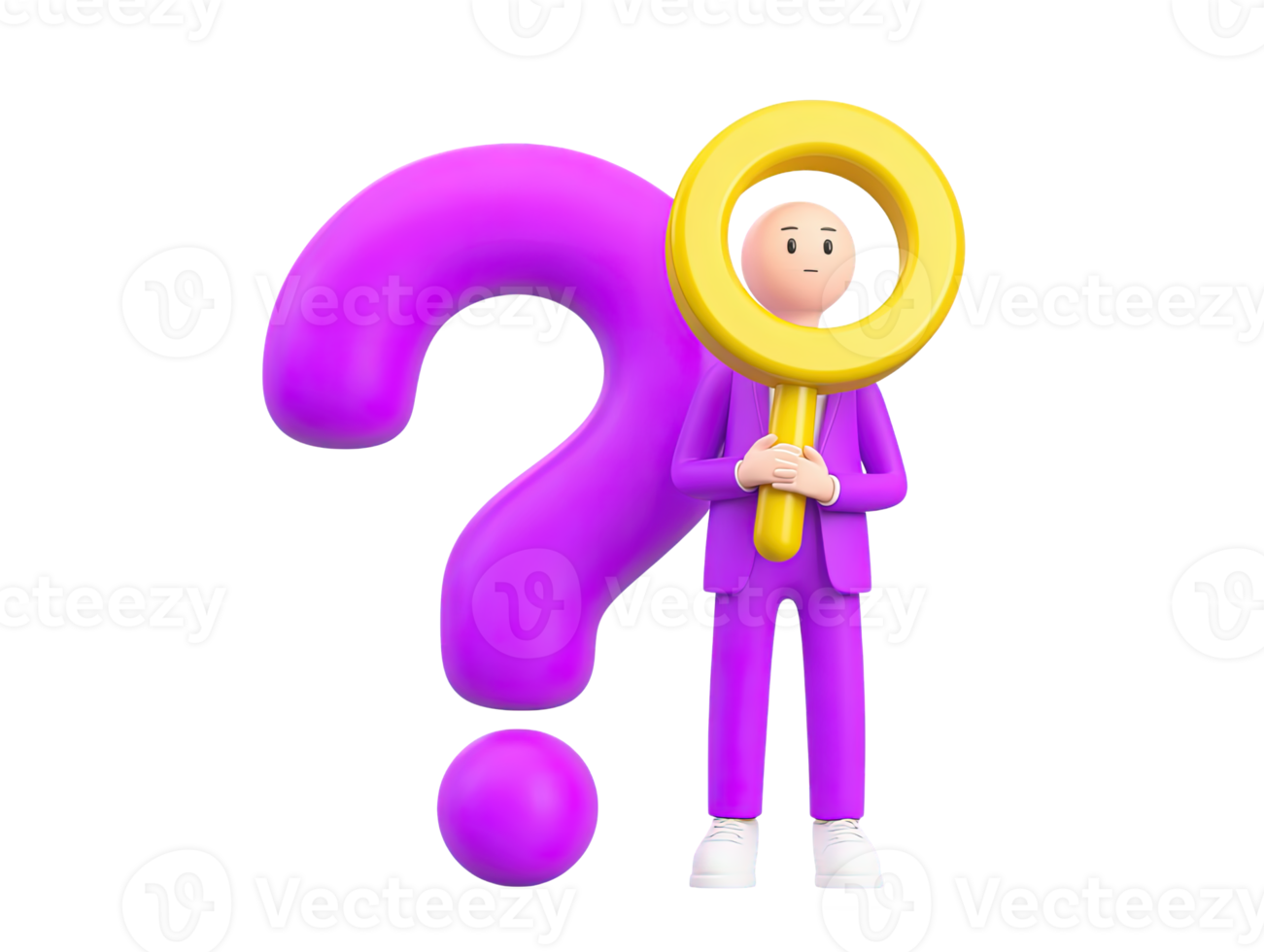 A 3D rendered icon of a figure using a magnifying glass to closely examine a large purple question mark symbolizing detailed research thorough investigation or intense curiosity png