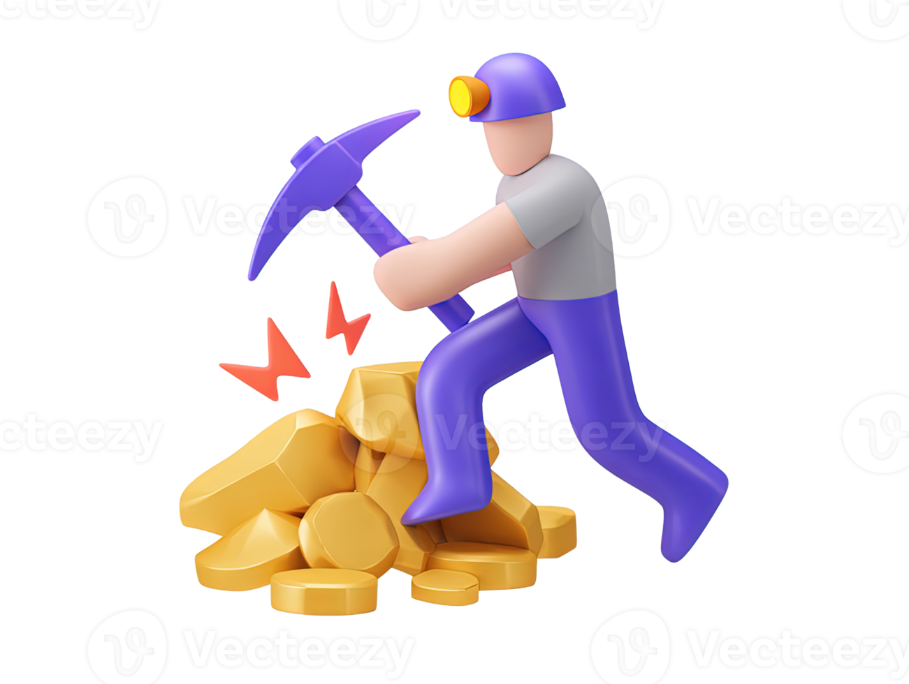 A 3D rendered icon of a hardworking miner with a pickaxe excavating a pile of shiny gold coins representing wealth discovery and valuable resources found png