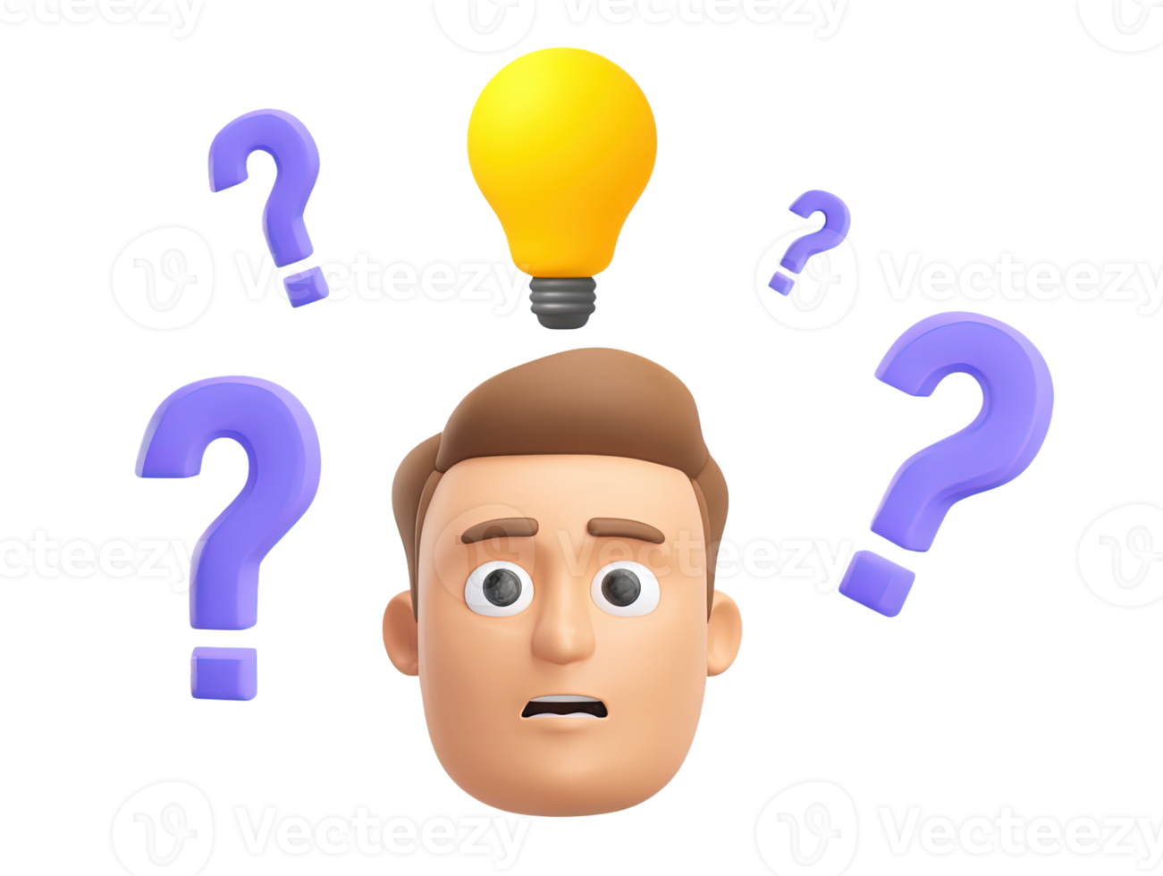 A 3D rendered icon of a pensive male head surrounded by question marks with a bright lightbulb above symbolizing idea generation problem solving and curiosity png