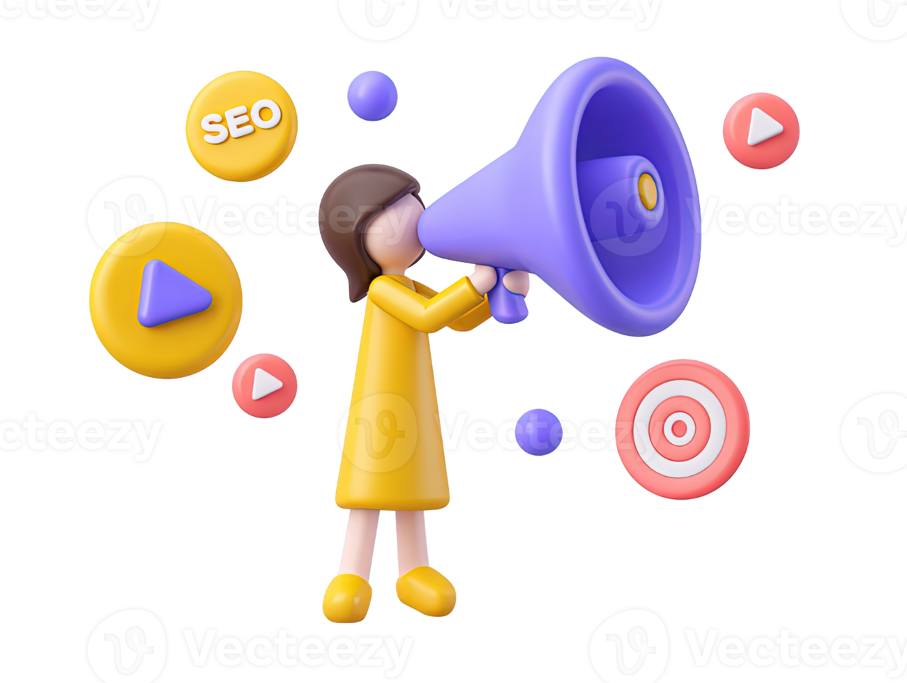A 3D rendered icon of a dynamic woman with a megaphone and digital marketing symbols like SEO play and target icons for effective modern online campaigns png