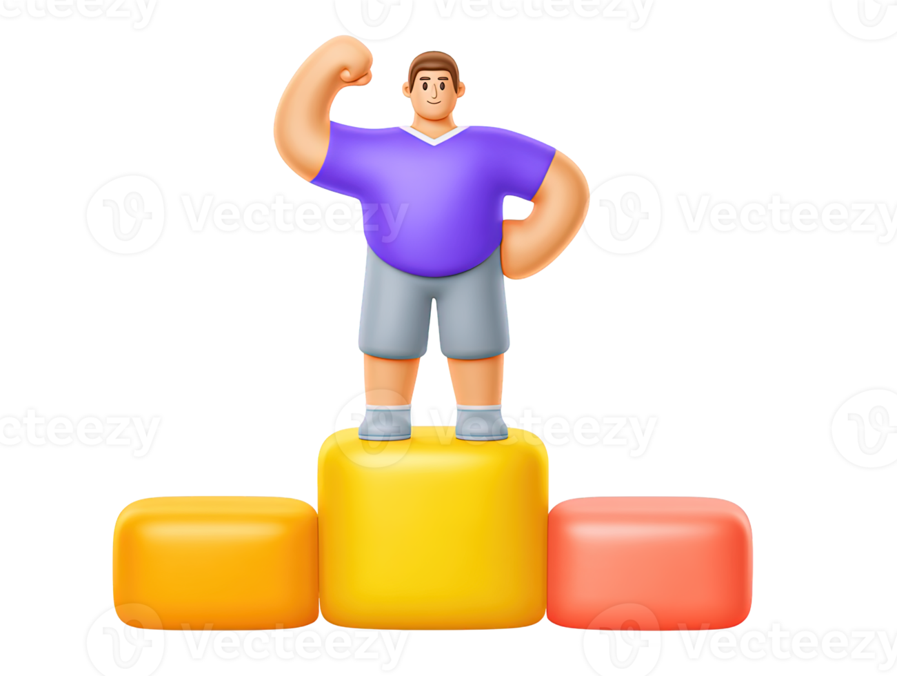 A 3D rendered icon of a proud figure on a three tiered winners podium raising an arm in a gesture of accomplishment success and personal achievement png