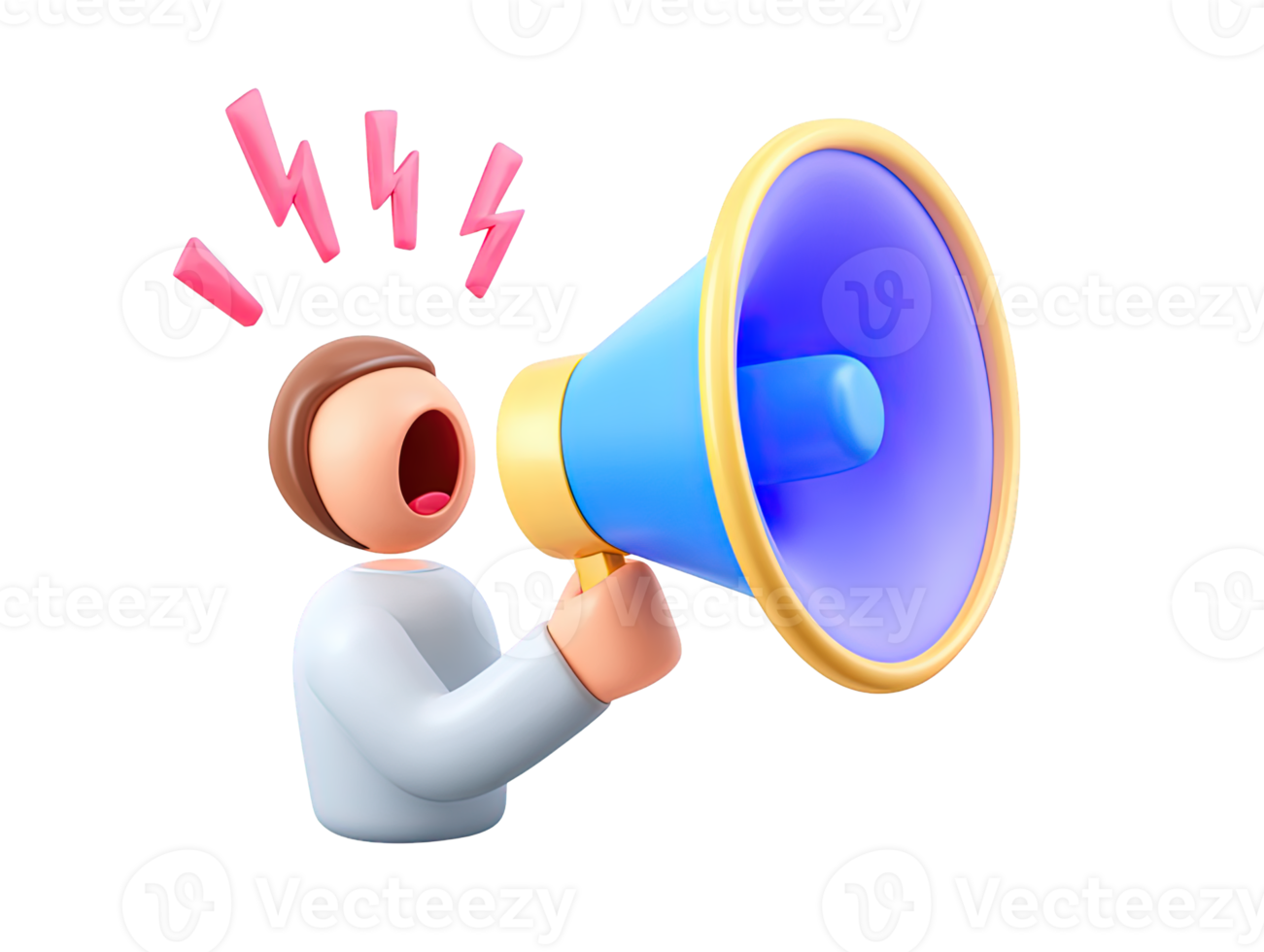 A 3D rendered icon of a character enthusiastically shouting into a large blue megaphone for an important announcement promotion or public communication png