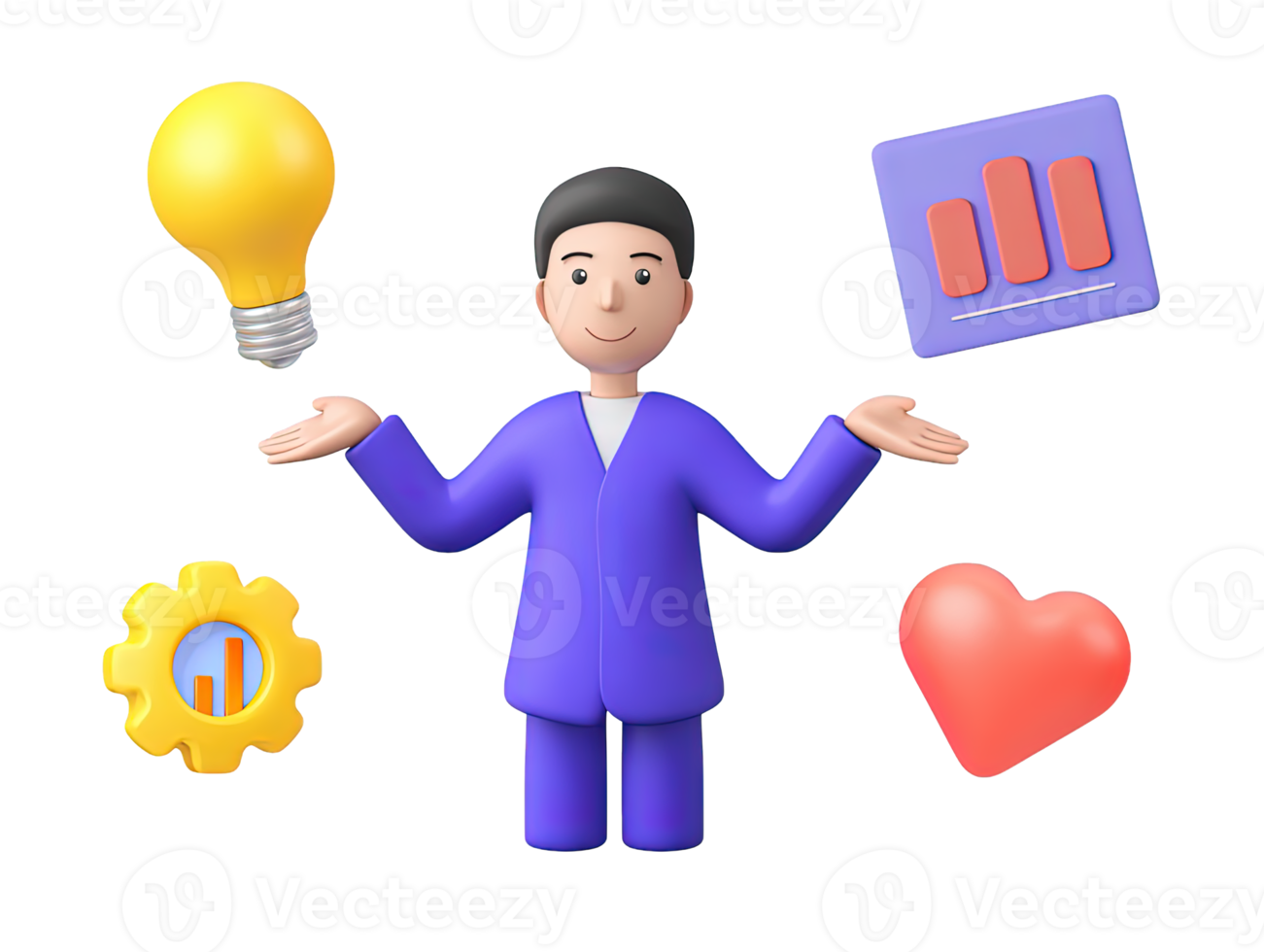 A 3D rendered icon of a businessman skillfully juggling a lightbulb gear graph and heart symbolizing effective multitasking managing ideas operations data and corporate passion png