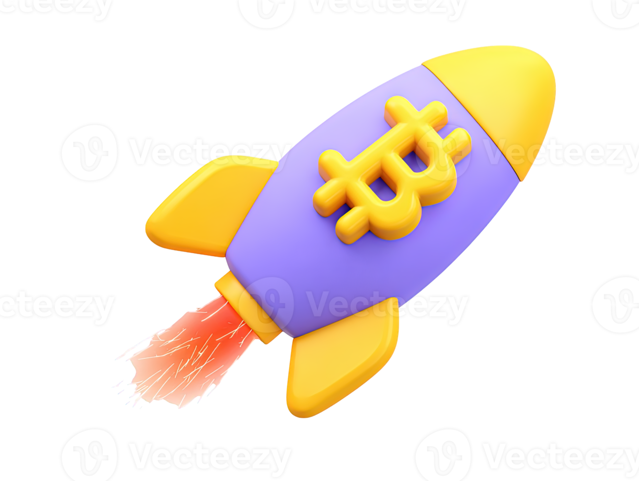 A 3D rendered icon of a vibrant purple and yellow rocket emblazoned with a Bitcoin logo blasting off symbolizing the dynamic rise of popular cryptocurrency investments png