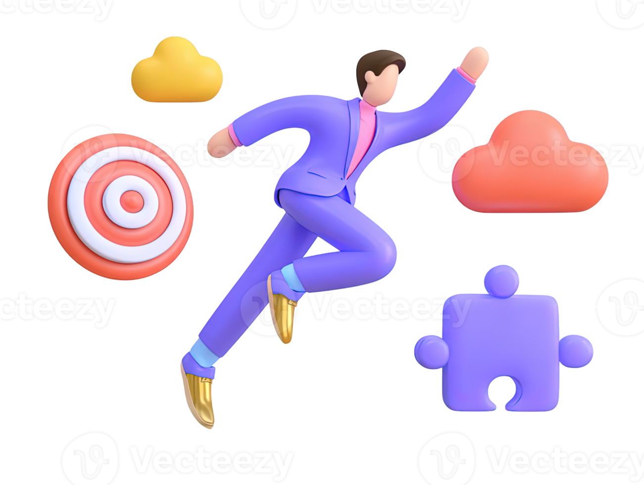 une 3d rendu icône de une figure fonctionnement vers une cible avec puzzle et nuage éléments symbolisant stratégique objectif poursuite problème résolution et moderne nuage l'intégration png