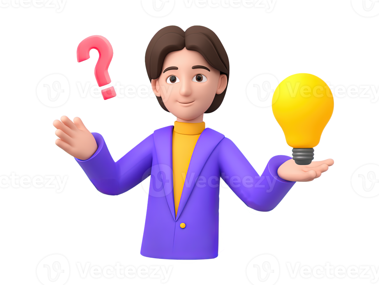 A 3D rendered icon of a businessman holding a question mark in one hand and a glowing lightbulb in the other representing effective problem solving and idea generation png