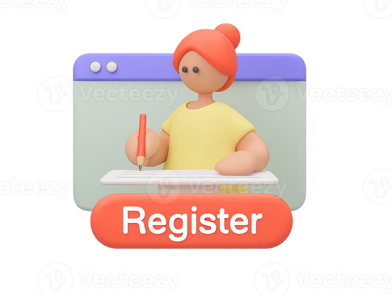A 3D rendered icon of a person at a computer screen with a large prominent Register button signifying easy online registration new signup or user account creation png