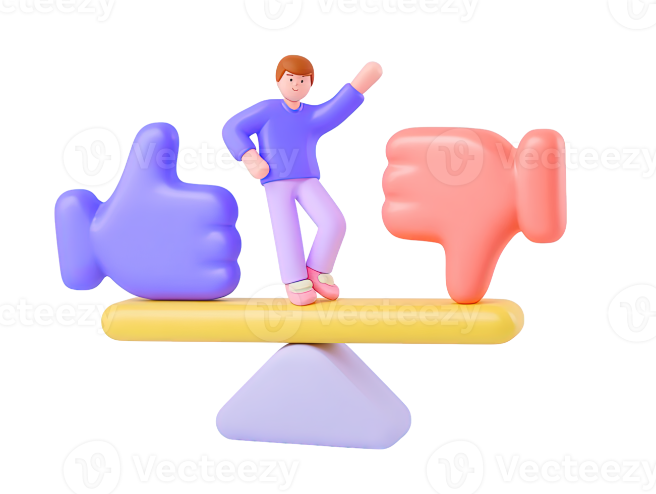 A 3D rendered icon of a figure balancing on a seesaw between a thumbs up and a thumbs down symbol representing crucial decision making receiving feedback or evaluation png