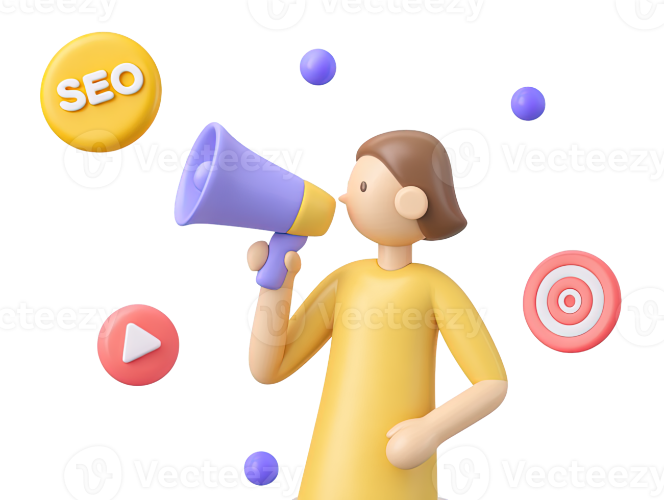 A 3D rendered icon of a woman using a megaphone for digital marketing with SEO play and target icons representing online promotion and successful audience engagement png