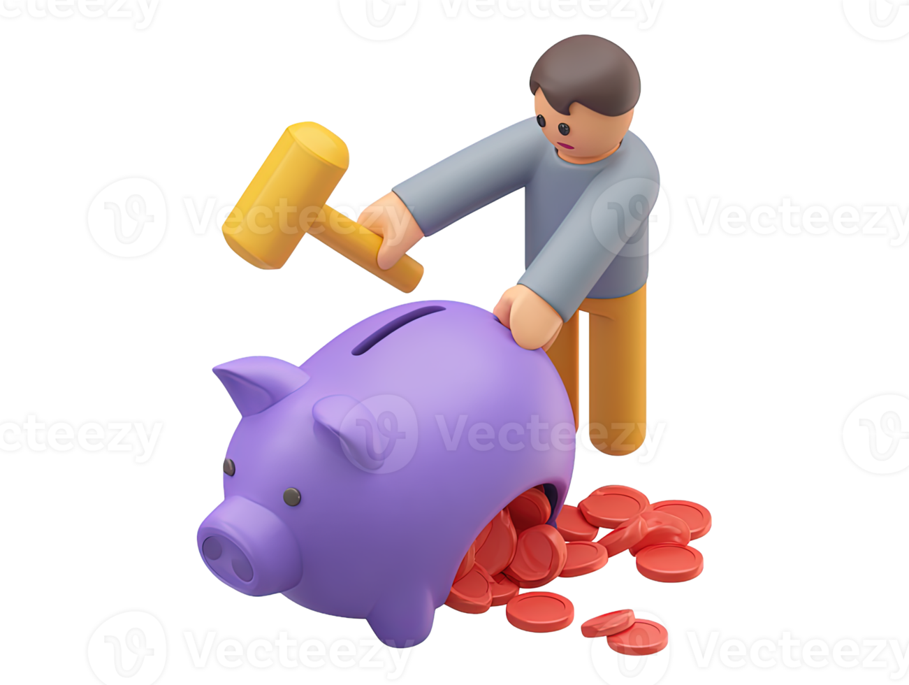 A 3D rendered icon of a figure forcefully breaking a purple piggy bank with a hammer spilling coins signifying financial action accessing reserves or urgent spending png