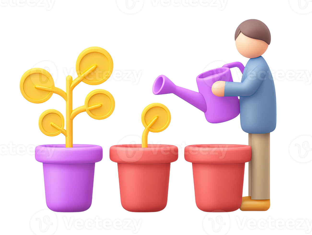 A 3D rendered icon of a figure carefully watering three potted plant saplings symbolizing positive growth wise investment nurturing development and sustainable future progress png