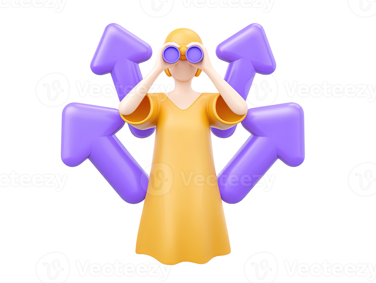 A 3D rendered icon of a woman standing at a crossroads with three diverging arrows pointing in different directions symbolizing important choices decisions and multiple paths png