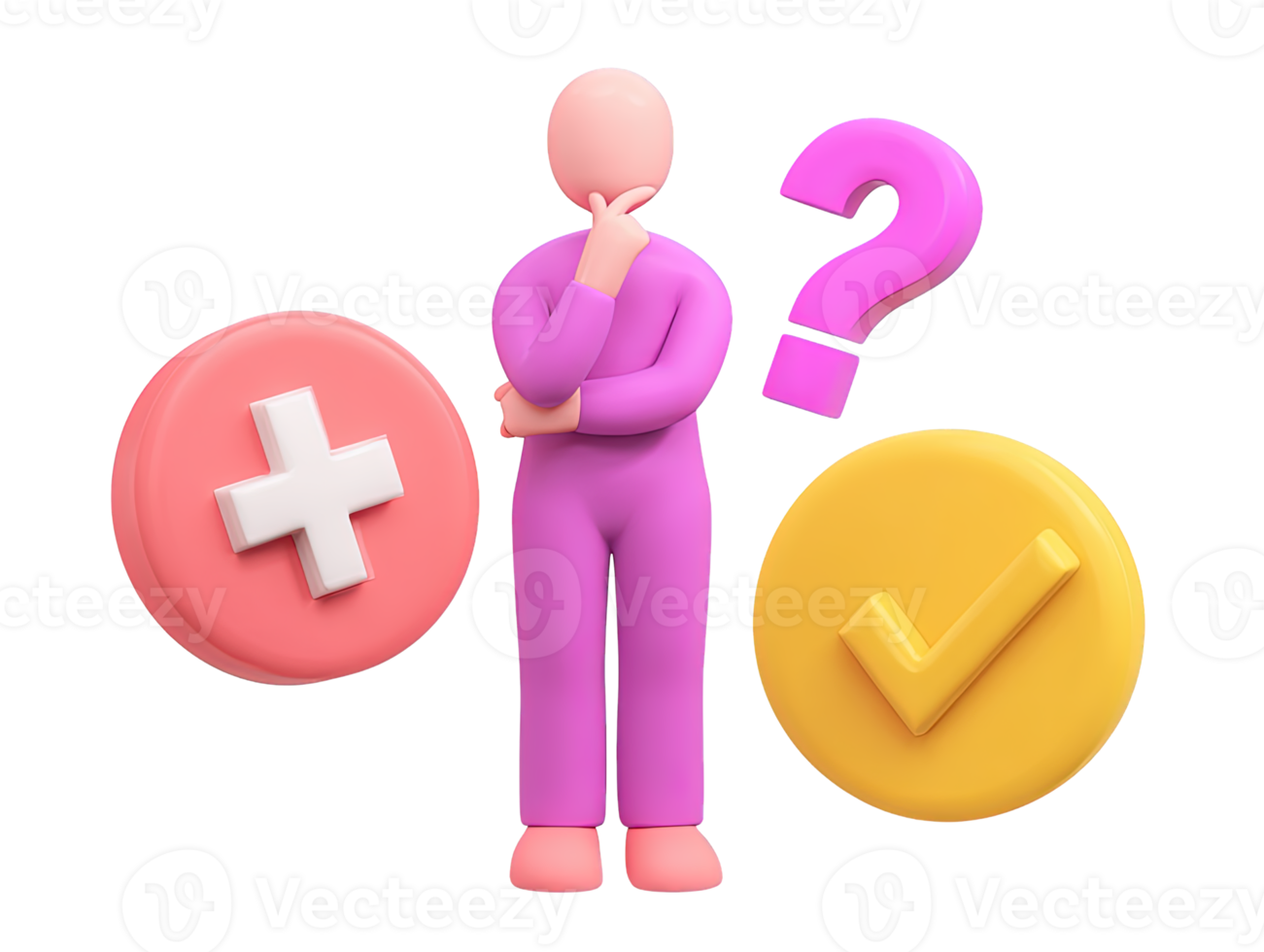 A 3D rendered icon of a figure surrounded by plus minus checkmark and question mark symbols representing complex decision making analysis choices and careful evaluation png
