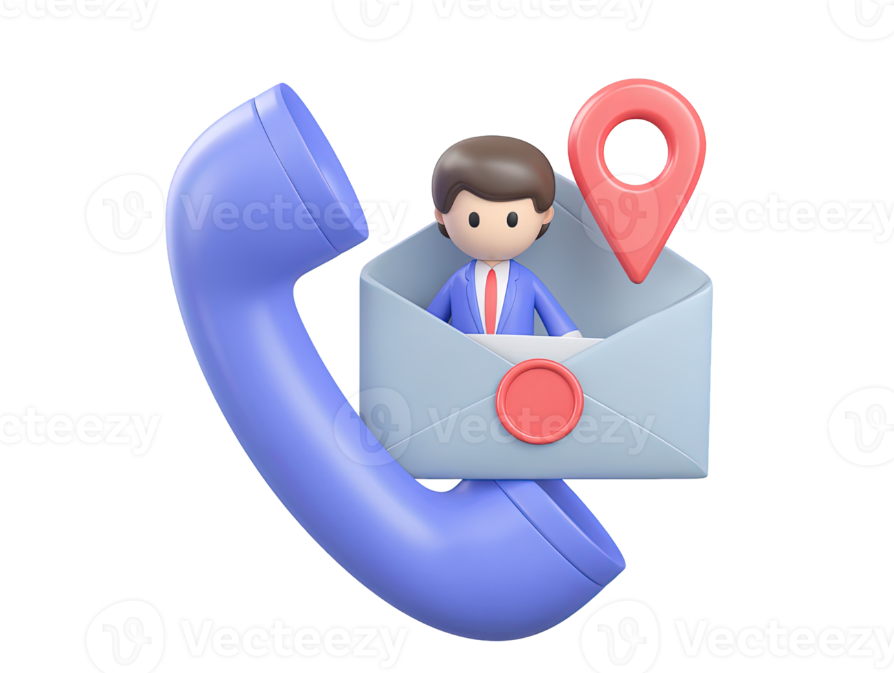 A 3D rendered icon of a figure in an envelope emerging from a telephone receiver with a location pin symbolizing direct contact efficient communication or customer outreach png