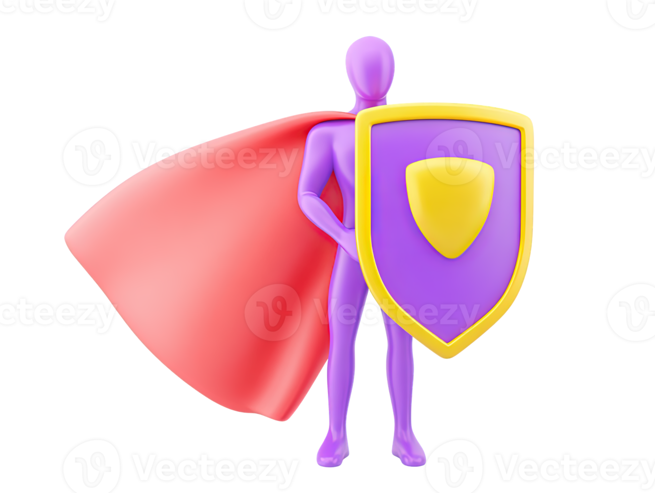A 3D rendered icon of a superhero figure with a flowing red cape and a purple shield emblazoned with a D symbolizing strong protection security and immense strength png