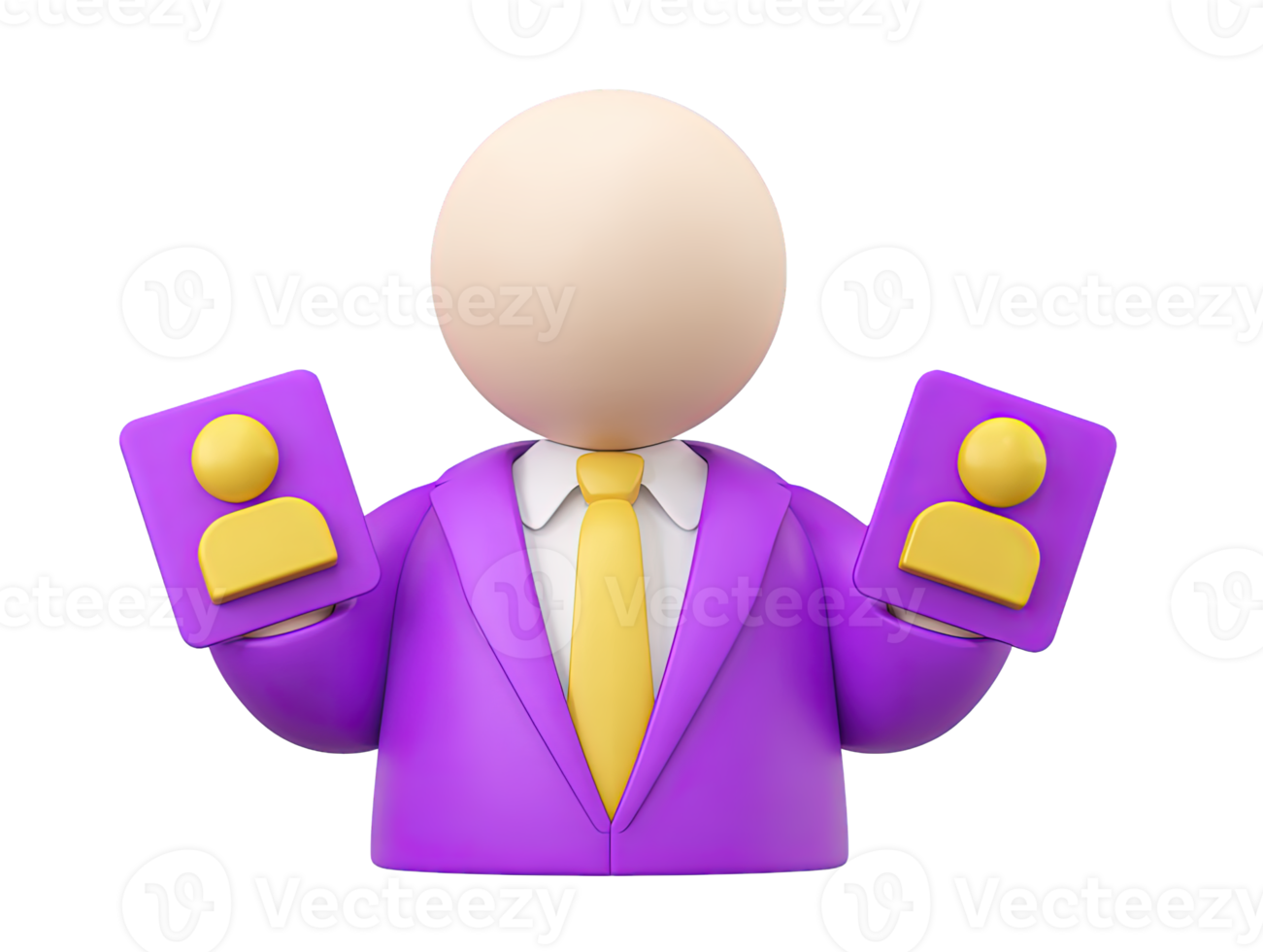 A 3D rendered icon of a faceless stylized business figure in a purple suit holding two yellow smartphones showcasing advanced mobile technology communication or app usage png