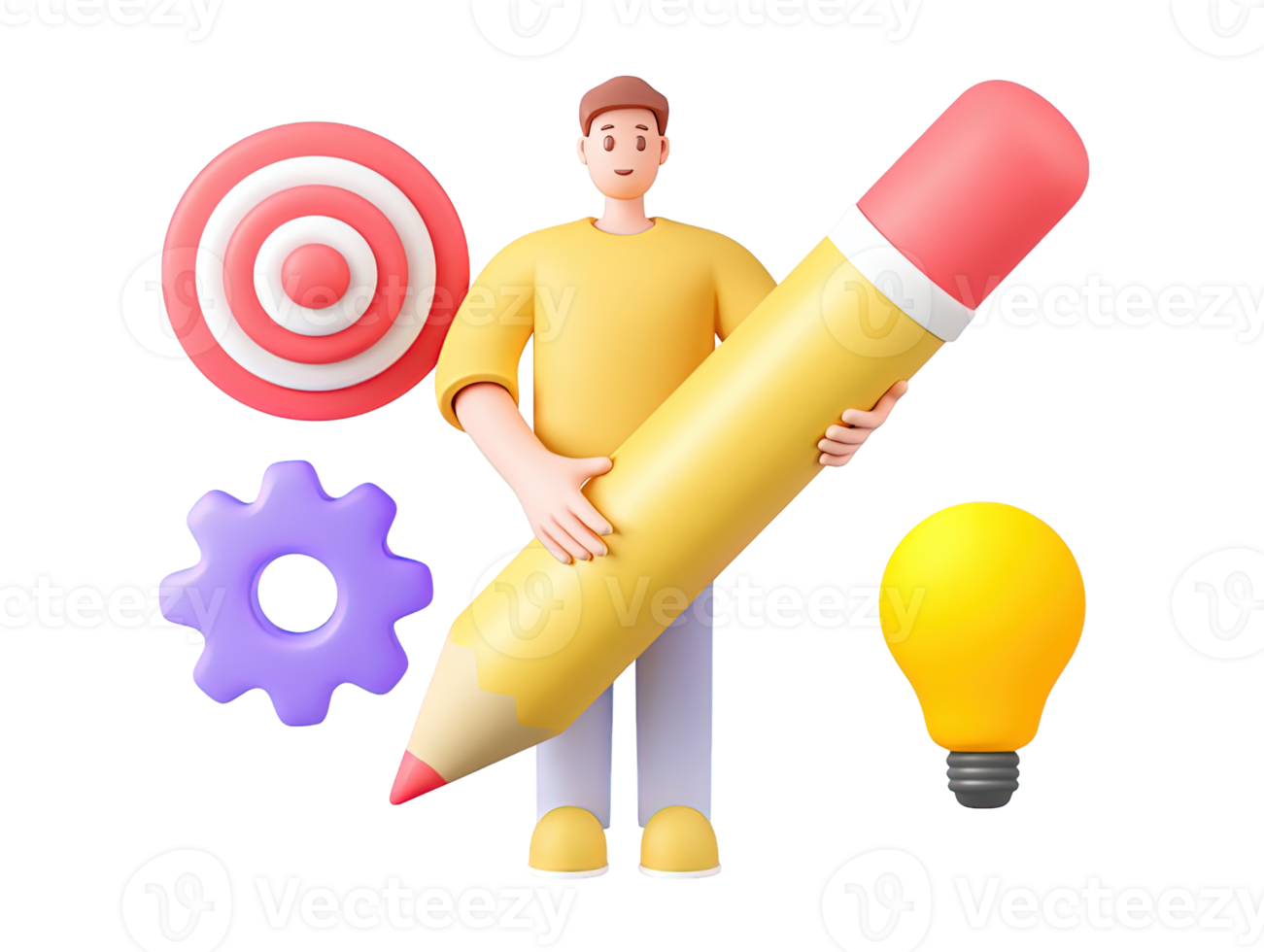 A 3D rendered icon of a man holding a giant pencil surrounded by target graph gear and lightbulb icons representing comprehensive planning strategy creativity and project execution png