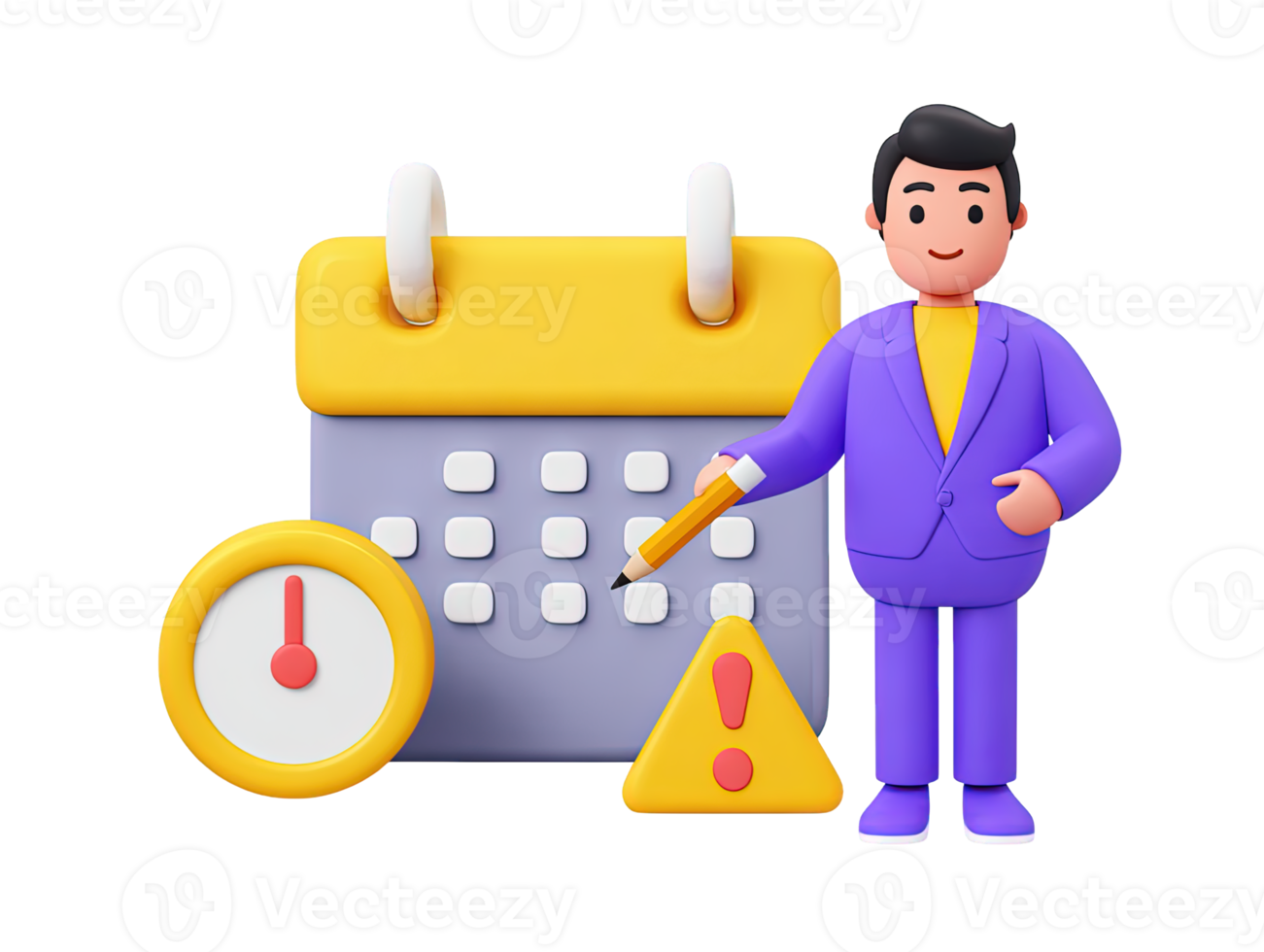 A 3D rendered icon of a businessman with a calendar clock and warning sign highlighting critical deadlines time management and important alerts in project planning png