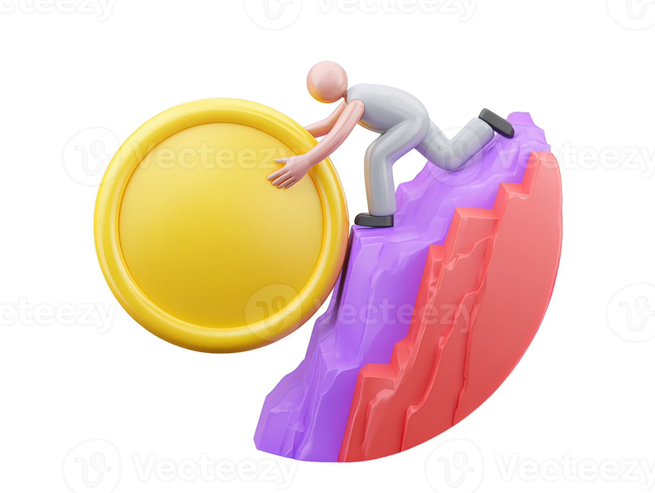 A 3D rendered icon of a determined figure pushing a giant gold coin uphill symbolizing effort perseverance financial struggle and achieving difficult goals png