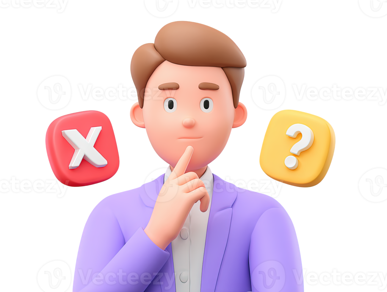 A 3D rendered icon of a pensive man with a red X speech bubble and a yellow question mark bubble indicating a serious dilemma doubt or making a difficult choice png