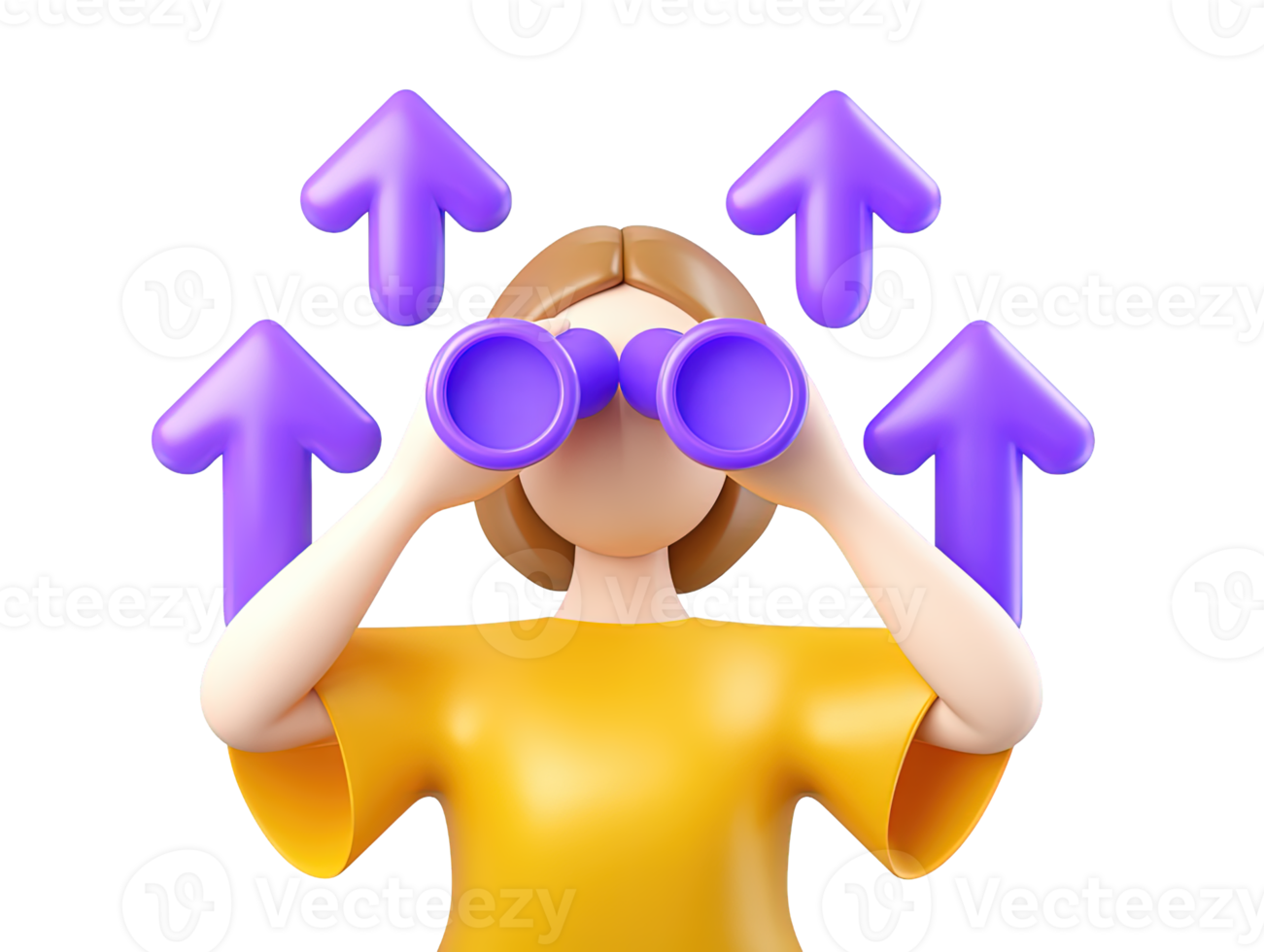 A 3D rendered icon of a woman looking through binoculars at multiple upward pointing arrows signifying intelligent forecasting future trends and identifying growth opportunities png