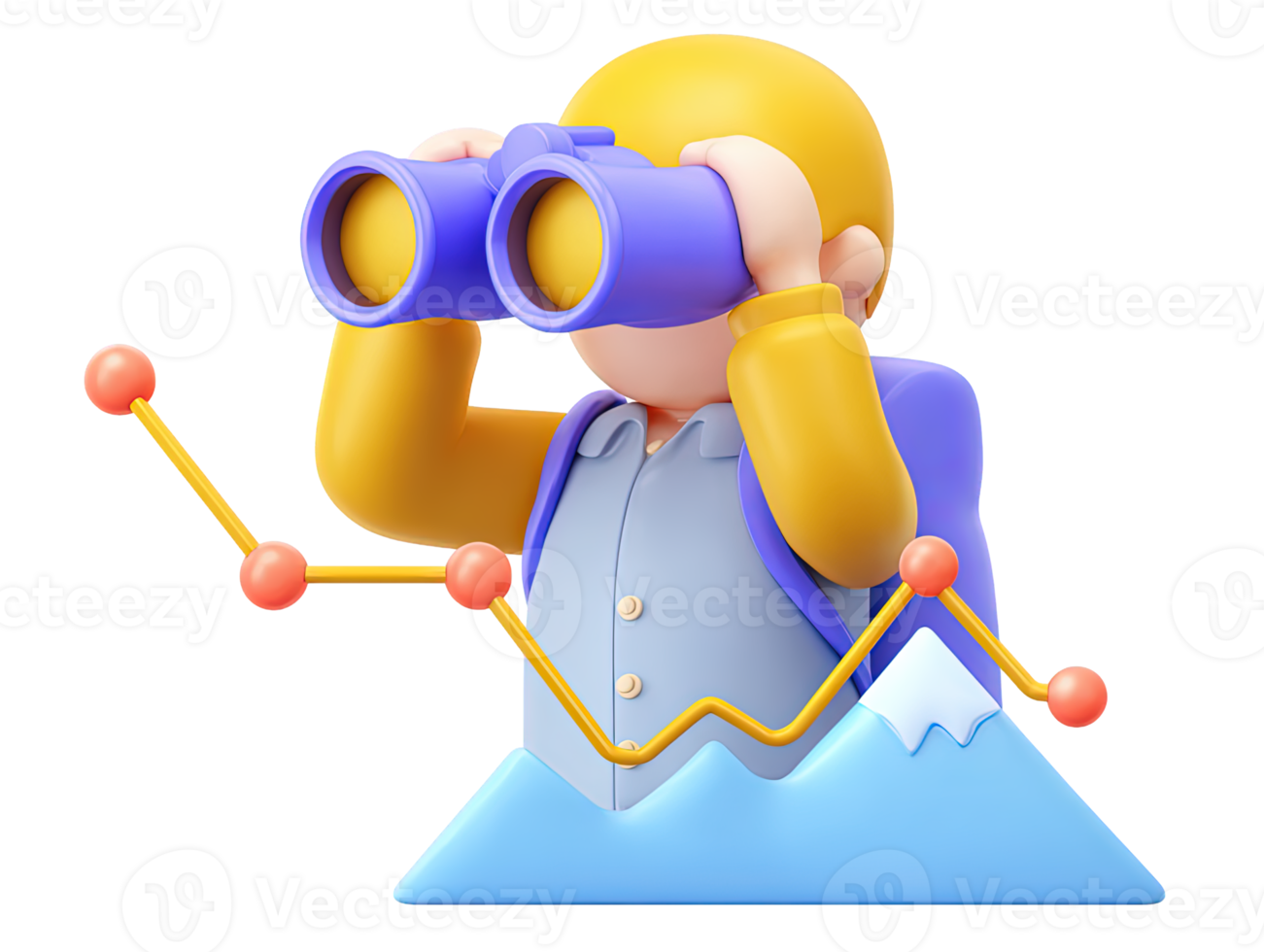 A 3D rendered icon of a figure using binoculars to observe distant upward trending arrows signifying foresight vision market analysis and future growth opportunities png