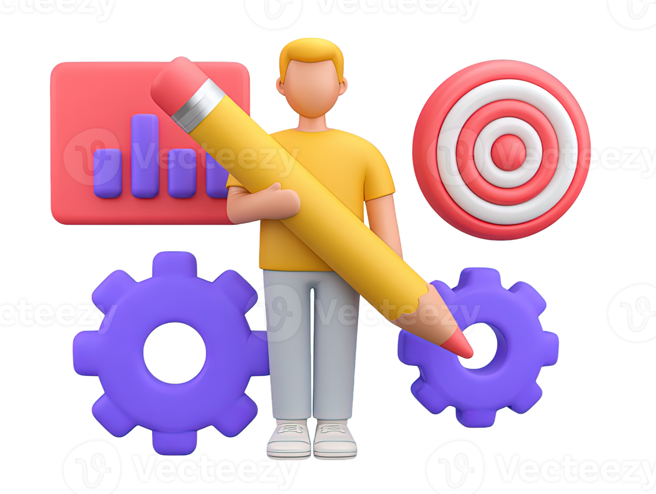 A 3D rendered icon featuring a large pencil with a target bar graph and gear symbols illustrating thoughtful strategic planning project development and operational process design png