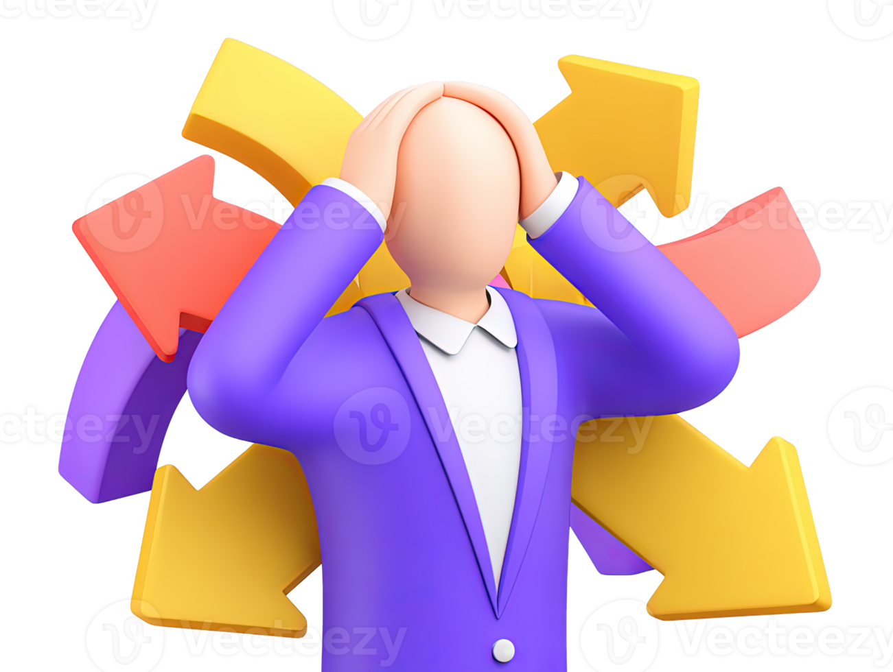 A 3D rendered icon of a stressed businessman with hands on head surrounded by diverging arrows symbolizing overwhelming choices immense pressure or severe decision fatigue png