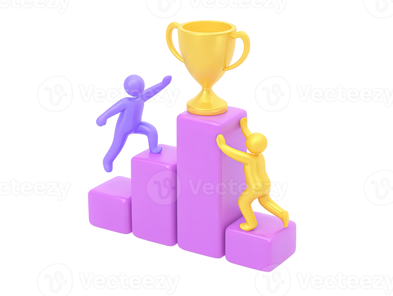3D person climbs podium to golden trophy for ambition success goal attainment individual effort pursuit of excellence Motivational visual for progress and victory png
