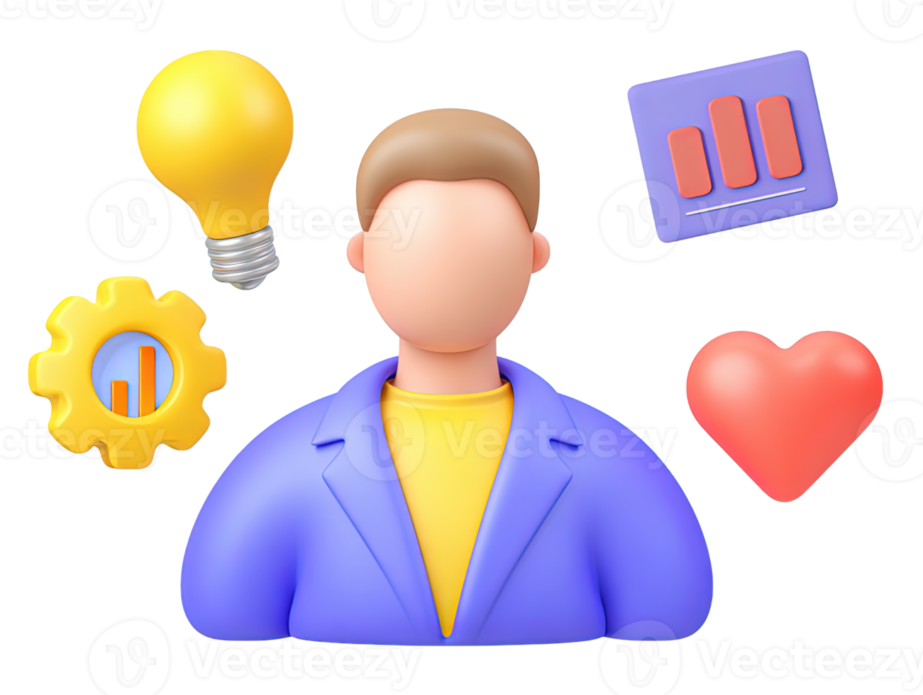 A 3D rendered icon featuring a bust of a man with symbolic elements like a lightbulb gear graph and heart representing diverse professional skills and key attributes png