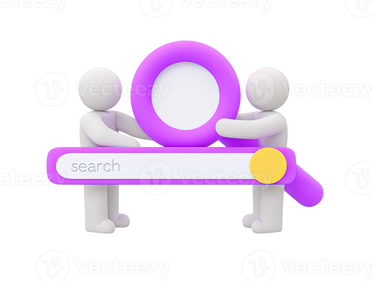 3D two people hold large search bar magnifying glass for internet browsing information retrieval SEO research collaborative data finding A modern tech visual png