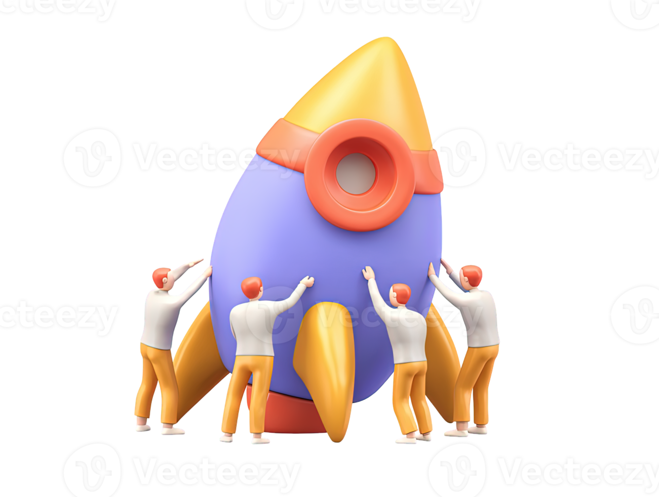 3D rendered team launching rocket for startup success project initiation innovation business growth Visually engaging graphic showing teamwork ambition and goals png