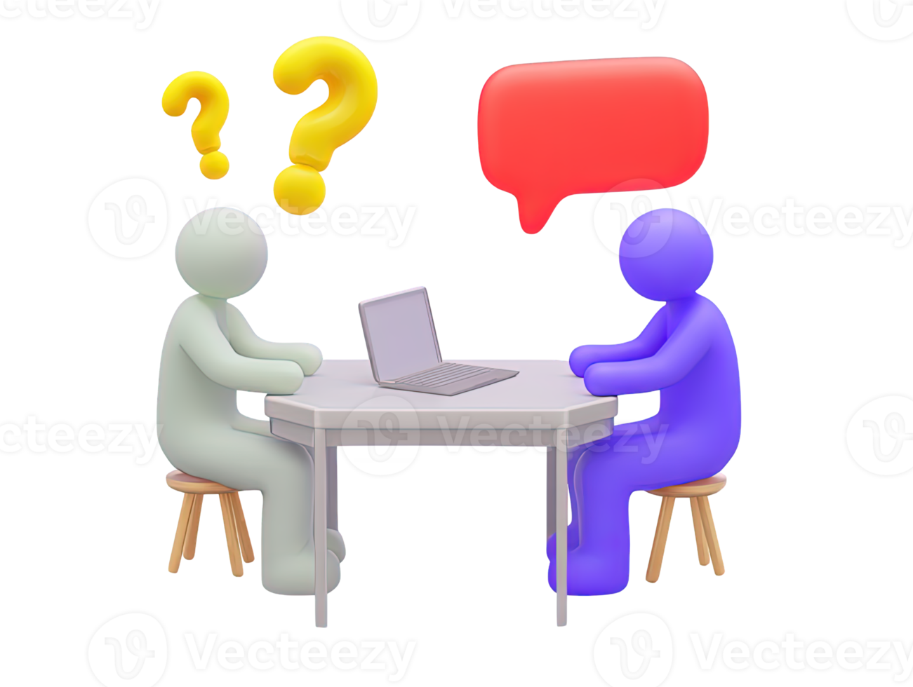 3D two people at table one with questions other speech bubble for QA interview discussion problem solving seeking advice Represents clear communication png