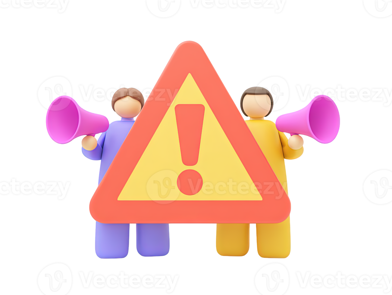3D two people with megaphones flank large triangular warning sign indicating high importance critical situation emergency broadcast urgent safety notice png
