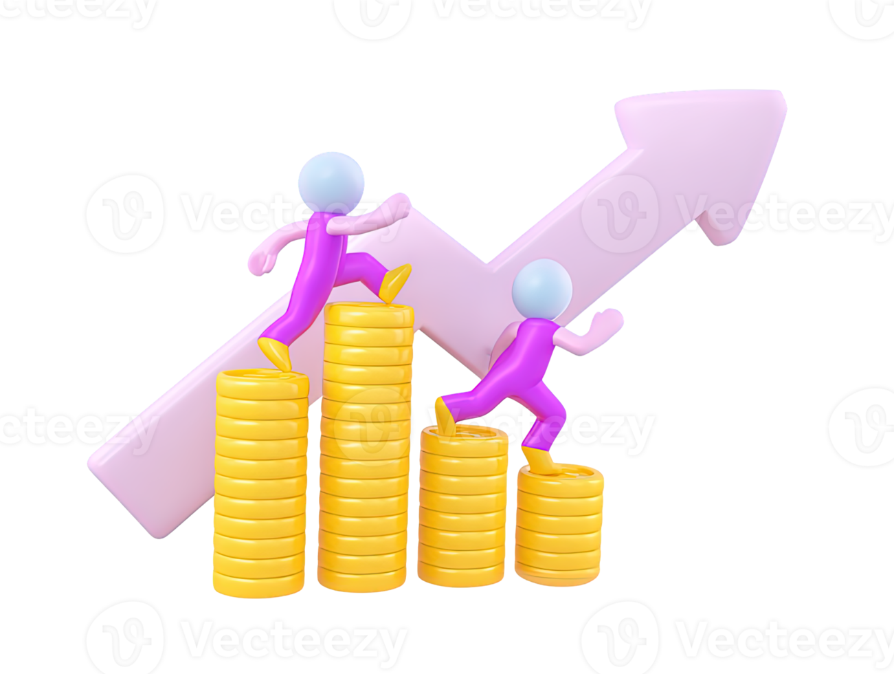 3D people climb coin stacks with upward arrow for investment success profit increase economic progress wealth accumulation business expansion Dynamic visual prosperity png