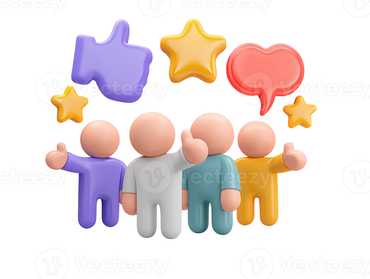 3D diverse people with positive icons stars hearts thumbsup for customer satisfaction excellent reviews social approval community engagement Vibrant team rating png