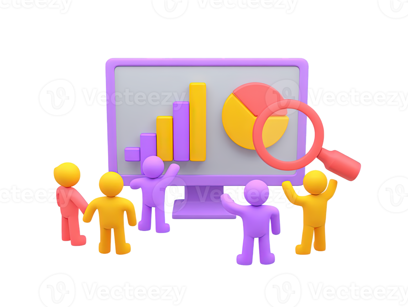 3D team analyzes data on screen charts graphs Illustrates business intelligence market research presentations data driven decisions Modern teamwork analysis graphic png