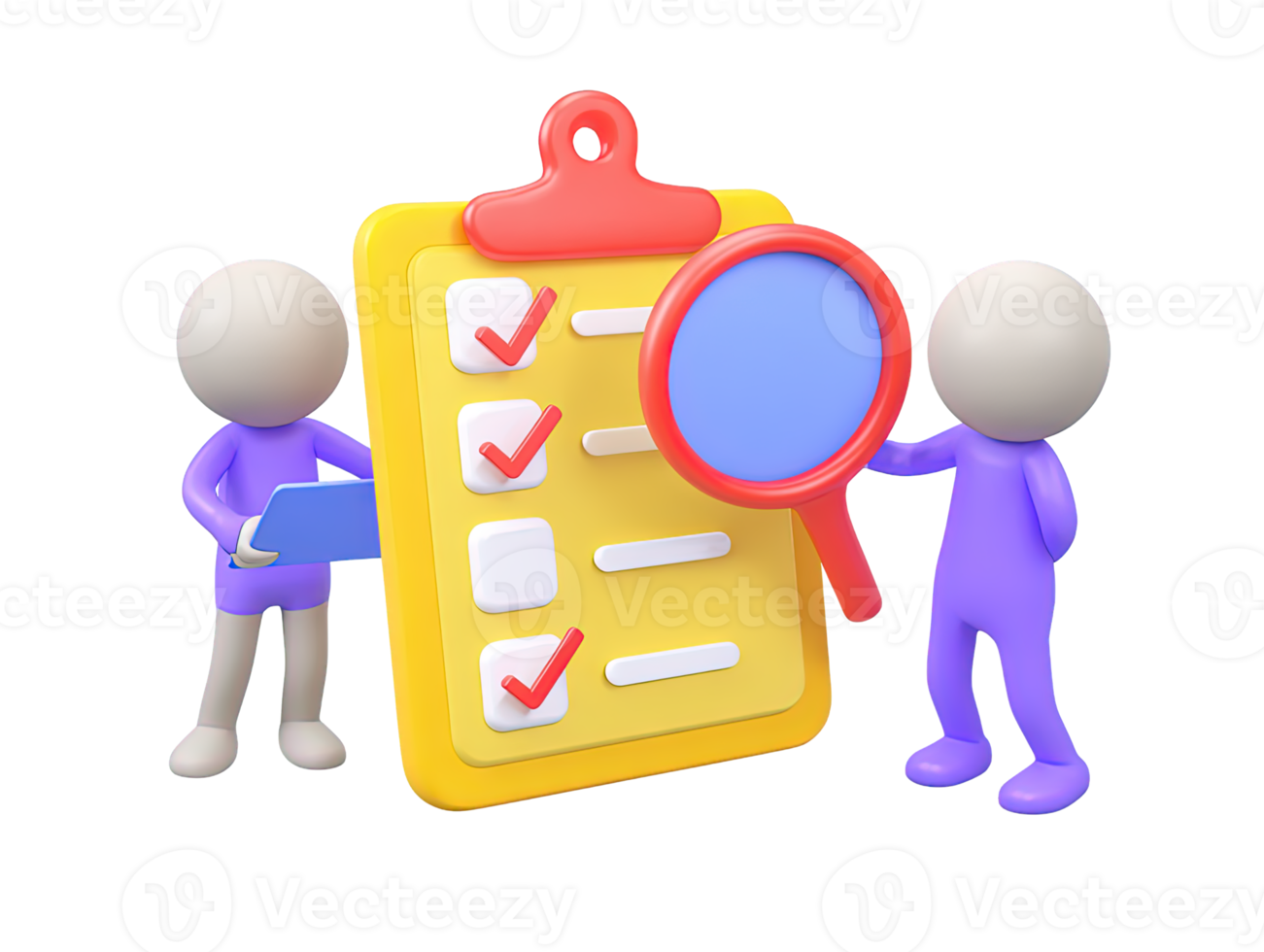 3D people with checklist magnifying glass for task management project planning review quality control A clear symbol for organization efficiency attention to detail png