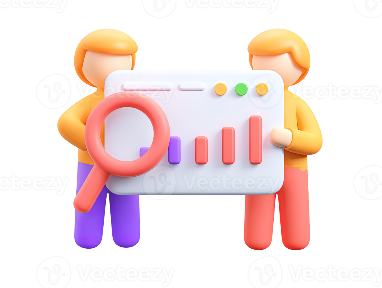 3D two people with magnifying glass study bar chart on board for market research business intelligence performance review and collaborative data interpretation png