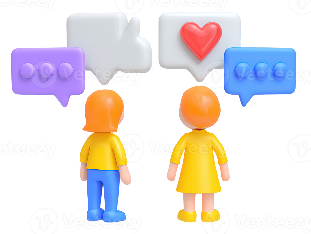 3D man woman with chat heart bubbles for love online dating relationships affectionate digital messaging A sweet visual for connection and modern romance png